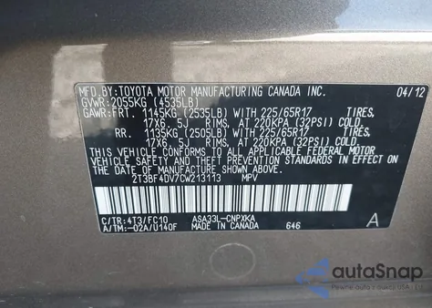 2012 Toyota Rav4 z USA, uszkodzony, nr VIN 2T3BF4DV7CW213113